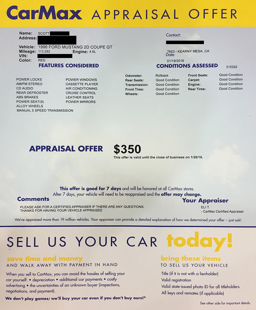 Carmax Vehicle Appraisal VEHICLE UOI